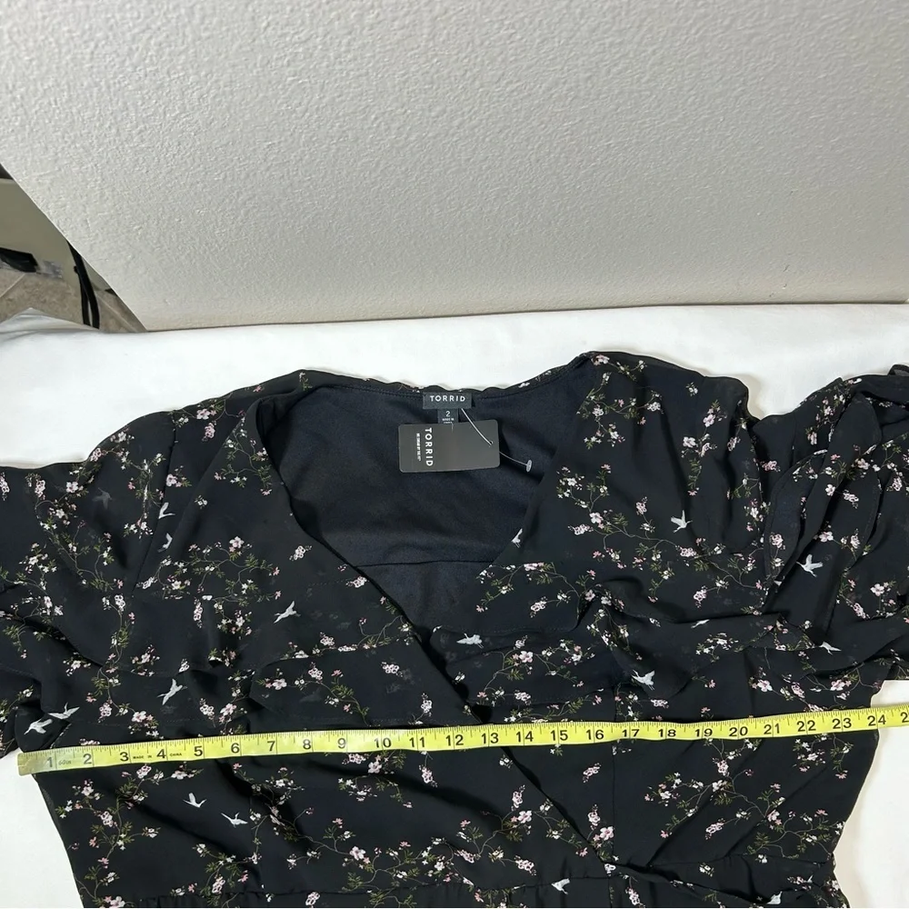 Torrid Black Floral Birds Print Chiffon Ruffled Wrap Versatile  Dress 2/2X/18-20 - Picture 12 of 16